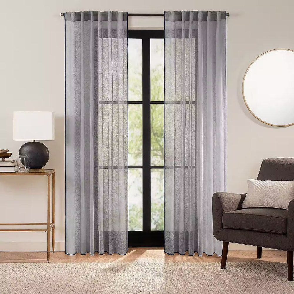 Fieldcrest Luxury Linen Border Stripe Sheer Rod Pocket Back Tab Single Curtain